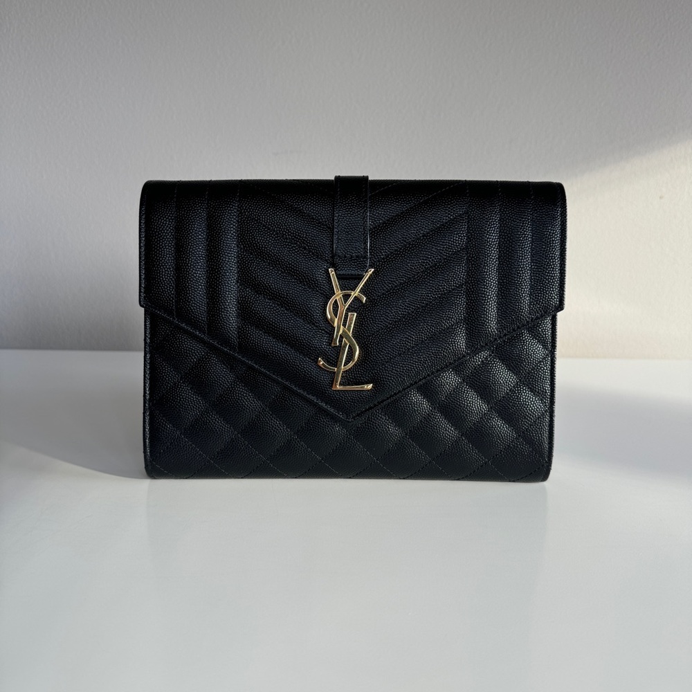 Yves Saint Laurent Black Quilted Clutch with Gold Logo